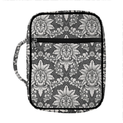 Grey Damask Pattern Print Front Pocket Bible Bag