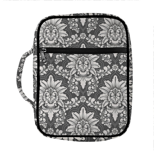 Grey Damask Pattern Print Front Pocket Bible Bag