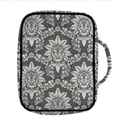 Grey Damask Pattern Print Front Pocket Bible Bag