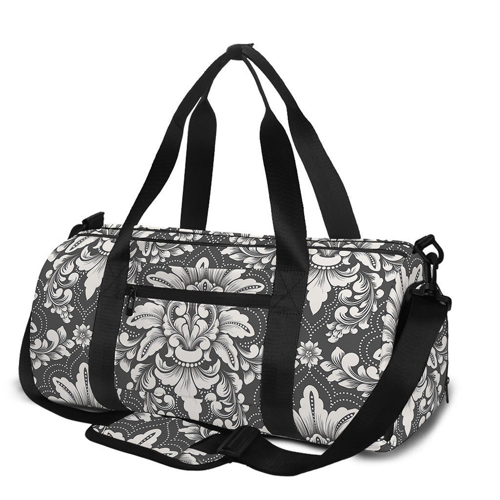 Grey Damask Pattern Print Gym Bag