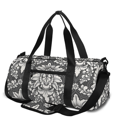 Grey Damask Pattern Print Gym Bag