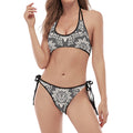 Grey Damask Pattern Print Halter Scoop Tie Side Bikini