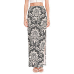 Grey Damask Pattern Print High Slit Maxi Skirt