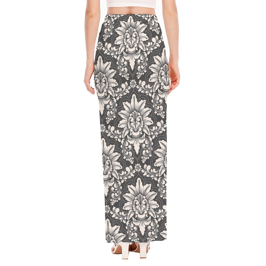 Grey Damask Pattern Print High Slit Maxi Skirt