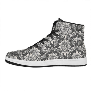 Grey Damask Pattern Print High Top Leather Sneakers