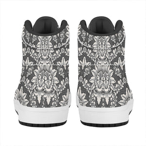 Grey Damask Pattern Print High Top Leather Sneakers