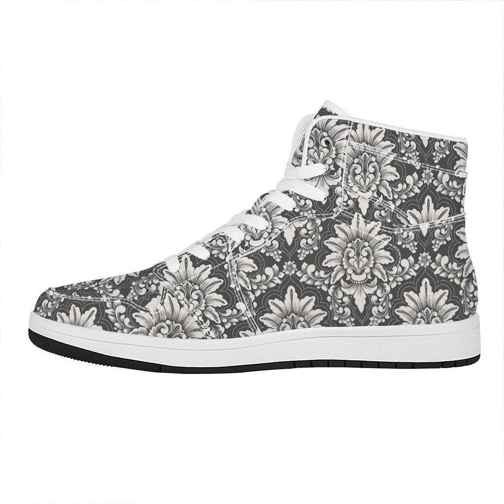 Grey Damask Pattern Print High Top Leather Sneakers