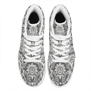 Grey Damask Pattern Print High Top Leather Sneakers