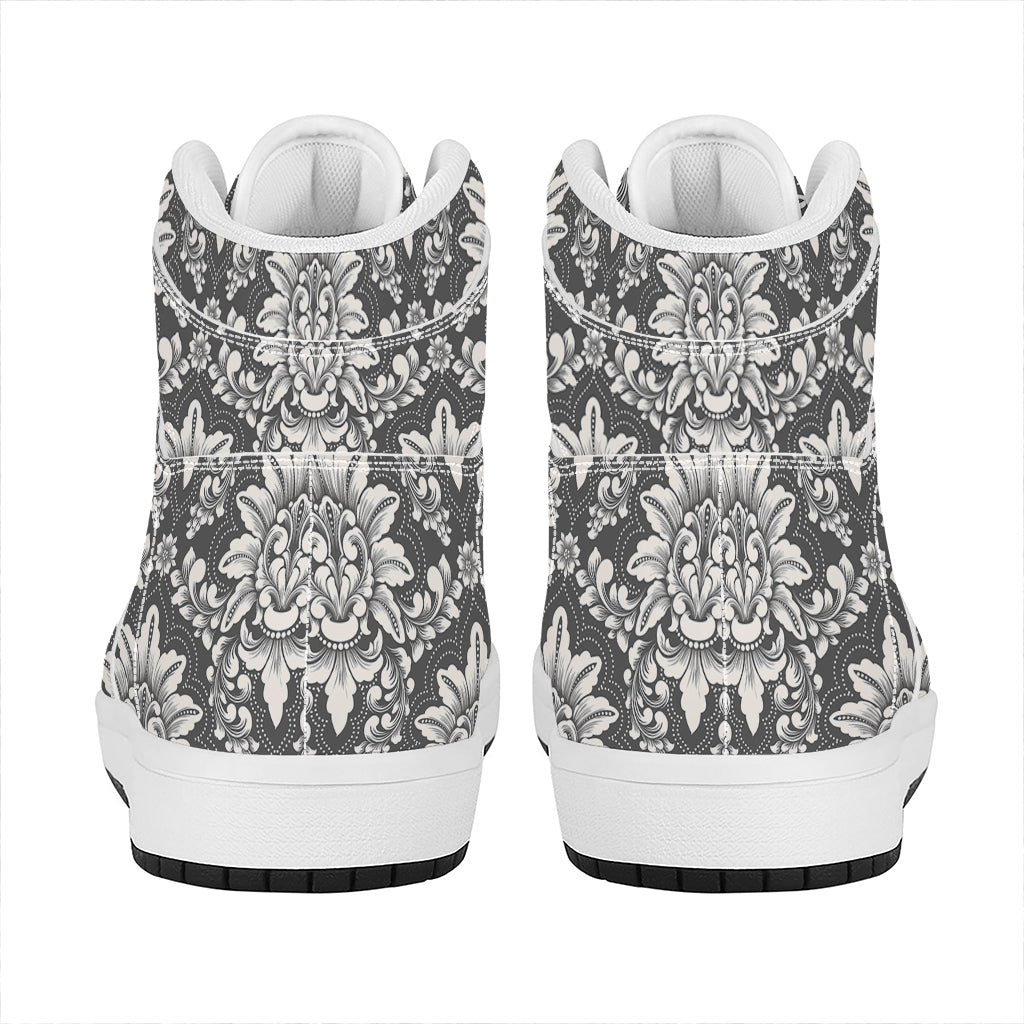 Grey Damask Pattern Print High Top Leather Sneakers