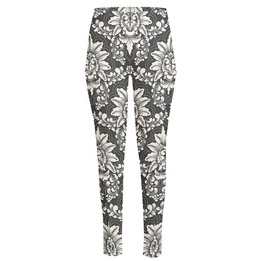 Grey Damask Pattern Print High-Waisted Pocket Leggings