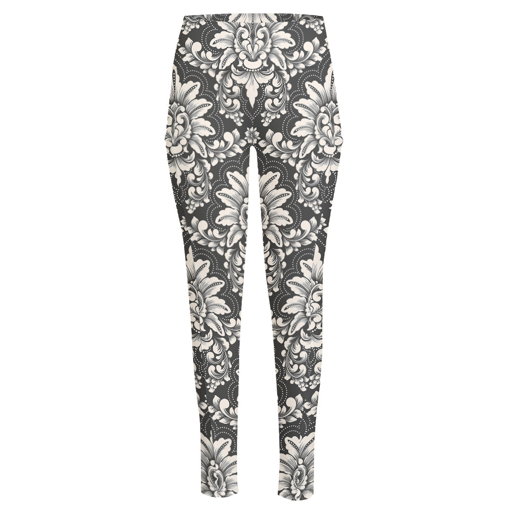 Grey Damask Pattern Print High-Waisted Pocket Leggings