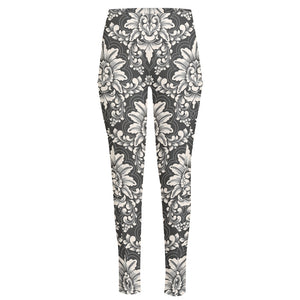 Grey Damask Pattern Print High-Waisted Pocket Leggings