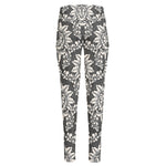 Grey Damask Pattern Print High-Waisted Pocket Leggings