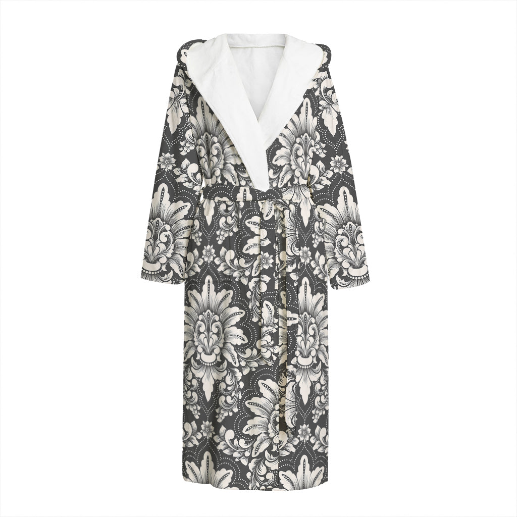 Grey Damask Pattern Print Hooded Bathrobe