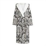 Grey Damask Pattern Print Hooded Bathrobe