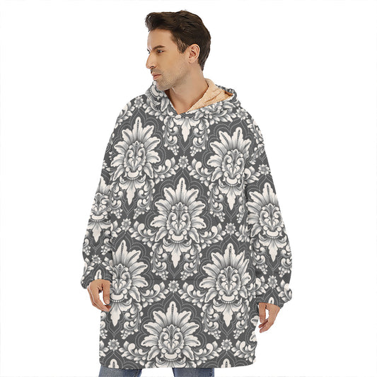 Grey Damask Pattern Print Hoodie Blanket