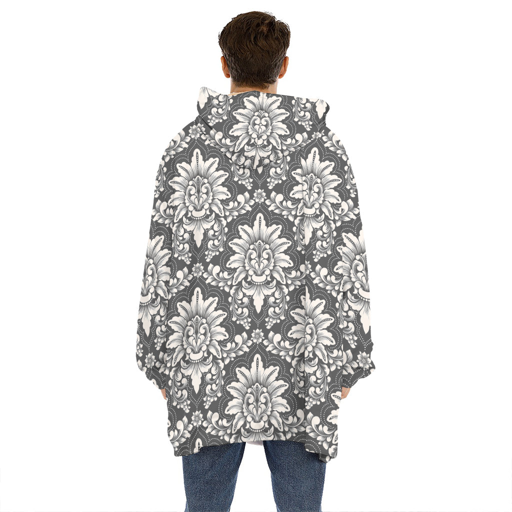 Grey Damask Pattern Print Hoodie Blanket