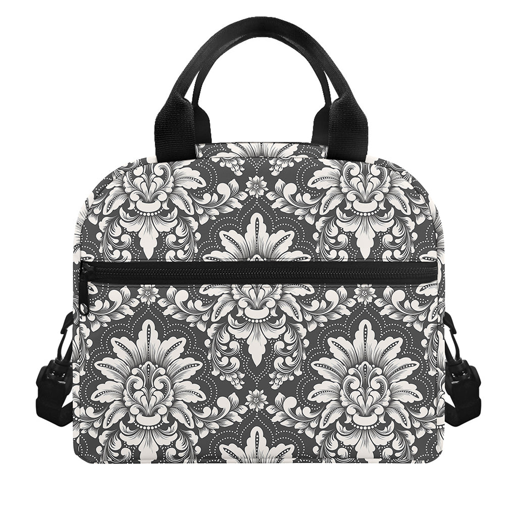 Grey Damask Pattern Print Insulated Lunch Bag