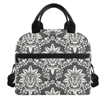 Grey Damask Pattern Print Insulated Lunch Bag
