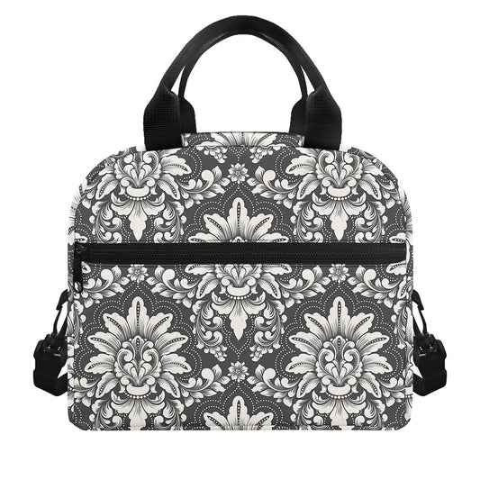 Grey Damask Pattern Print Insulated Lunch Bag