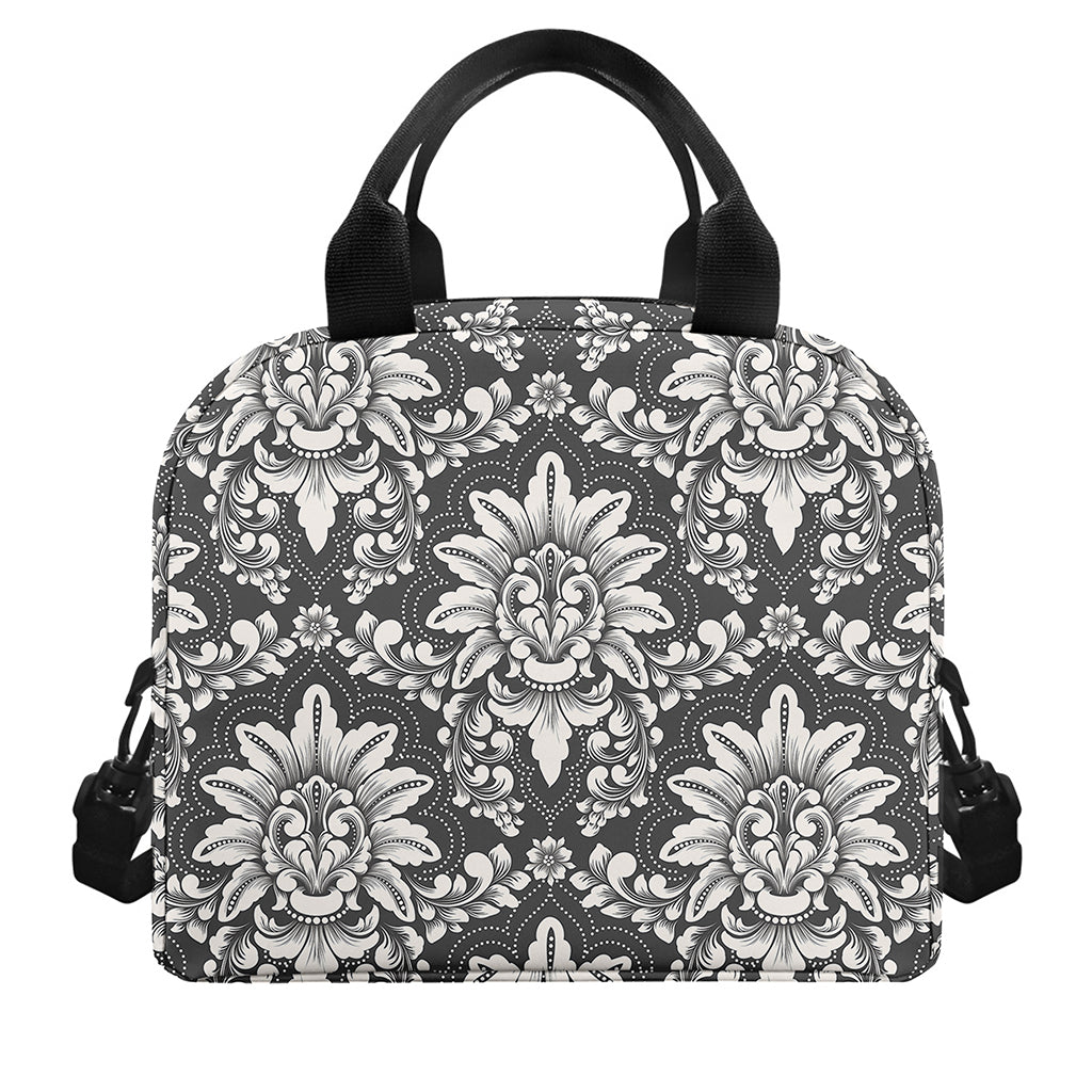 Grey Damask Pattern Print Insulated Lunch Bag