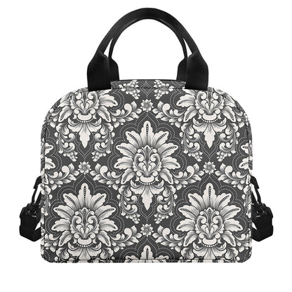 Grey Damask Pattern Print Insulated Lunch Bag