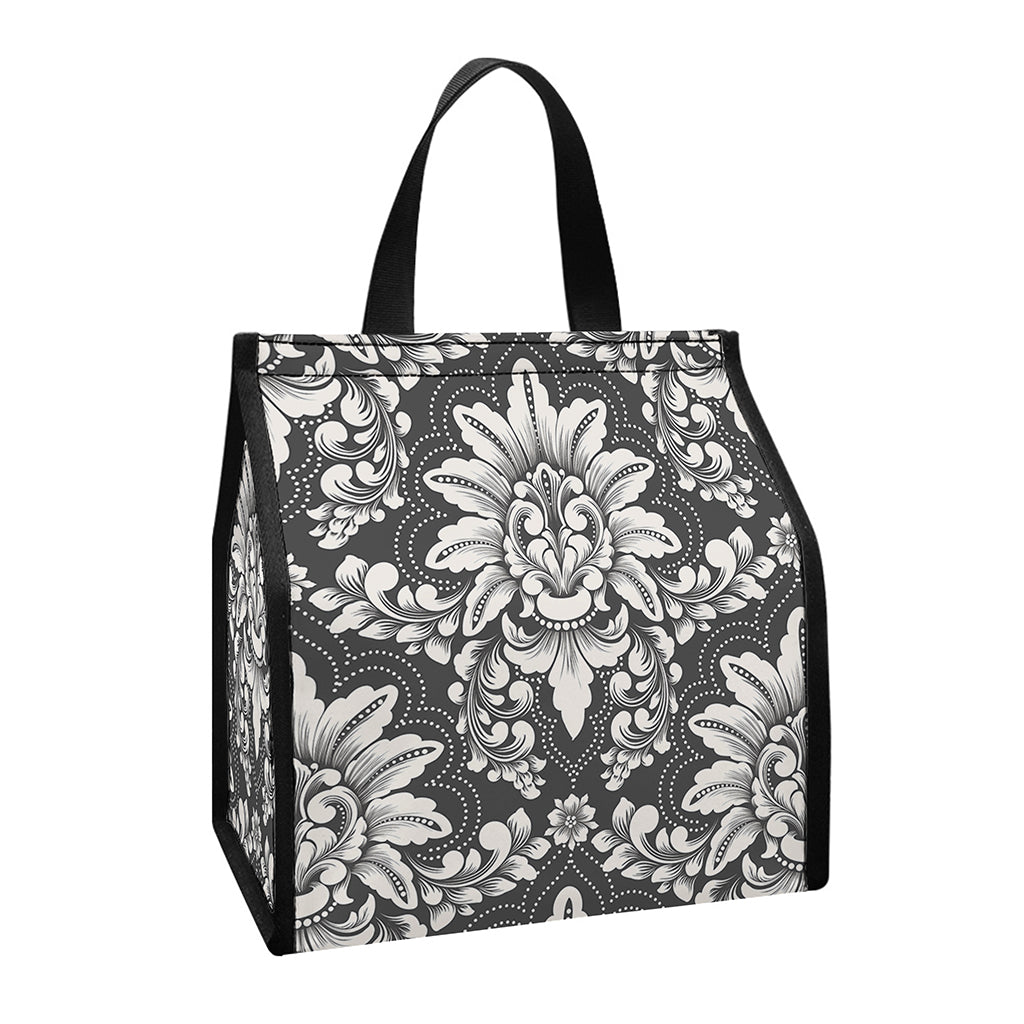 Grey Damask Pattern Print Insulated Lunch Tote