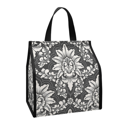 Grey Damask Pattern Print Insulated Lunch Tote