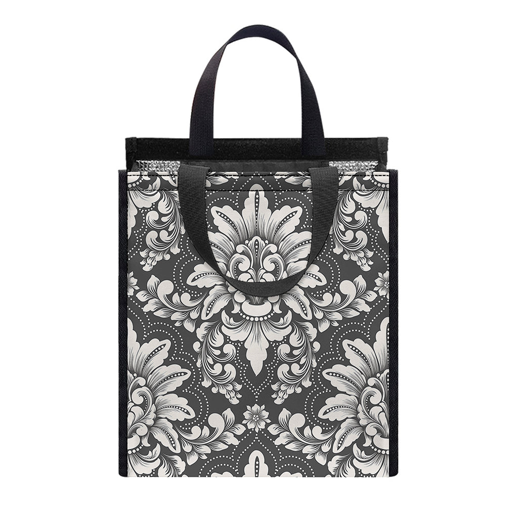 Grey Damask Pattern Print Insulated Lunch Tote