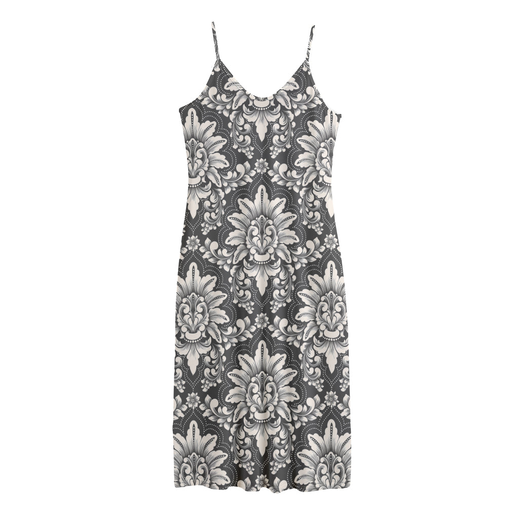 Grey Damask Pattern Print Jersey Midi Cami Dress