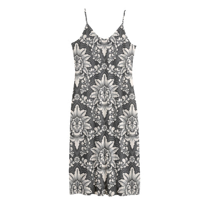 Grey Damask Pattern Print Jersey Midi Cami Dress