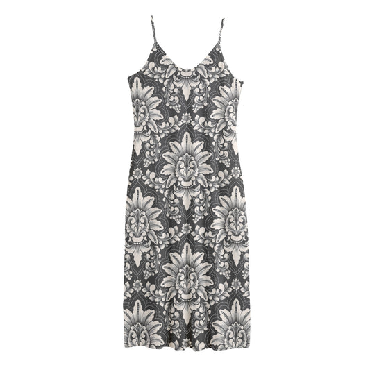 Grey Damask Pattern Print Jersey Midi Cami Dress