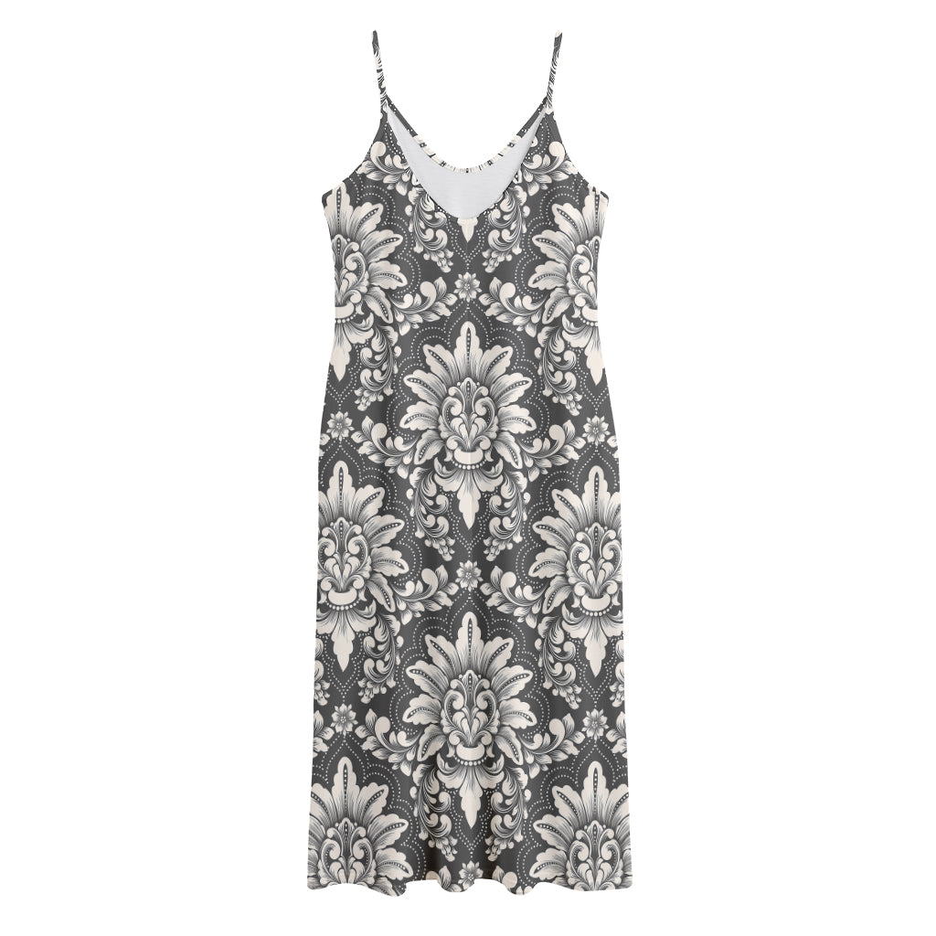 Grey Damask Pattern Print Jersey Midi Cami Dress