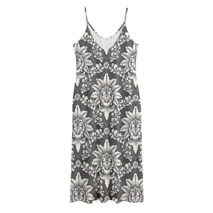 Grey Damask Pattern Print Jersey Midi Cami Dress