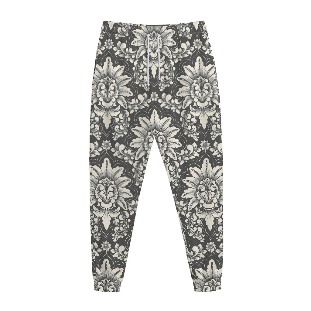 Grey Damask Pattern Print Jogger Pants