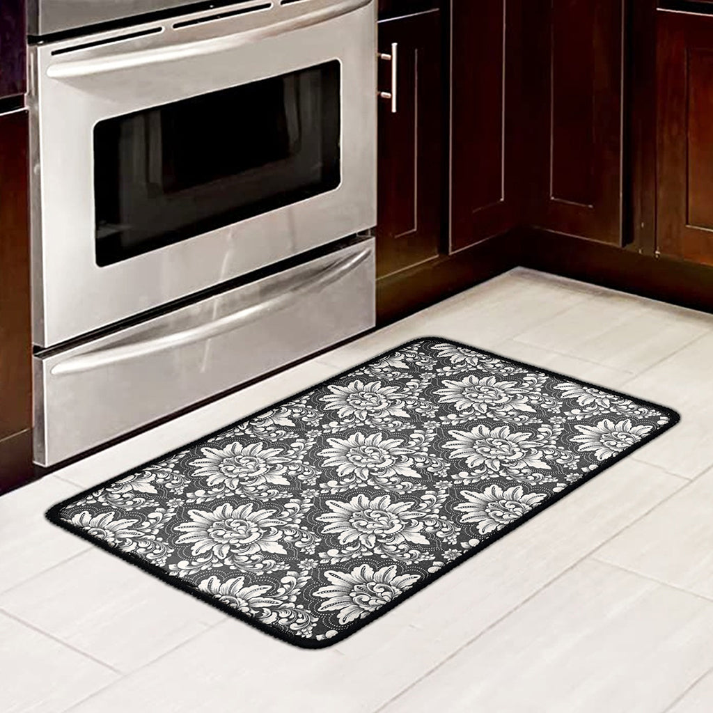 Grey Damask Pattern Print Kitchen Mat