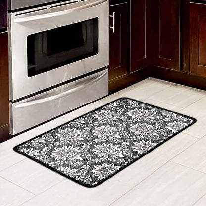 Grey Damask Pattern Print Kitchen Mat