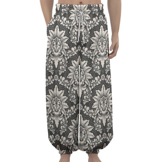 Grey Damask Pattern Print Lantern Pants