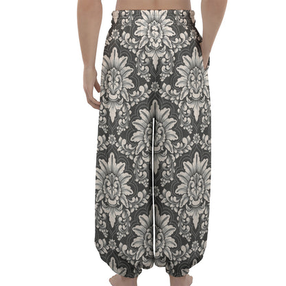 Grey Damask Pattern Print Lantern Pants