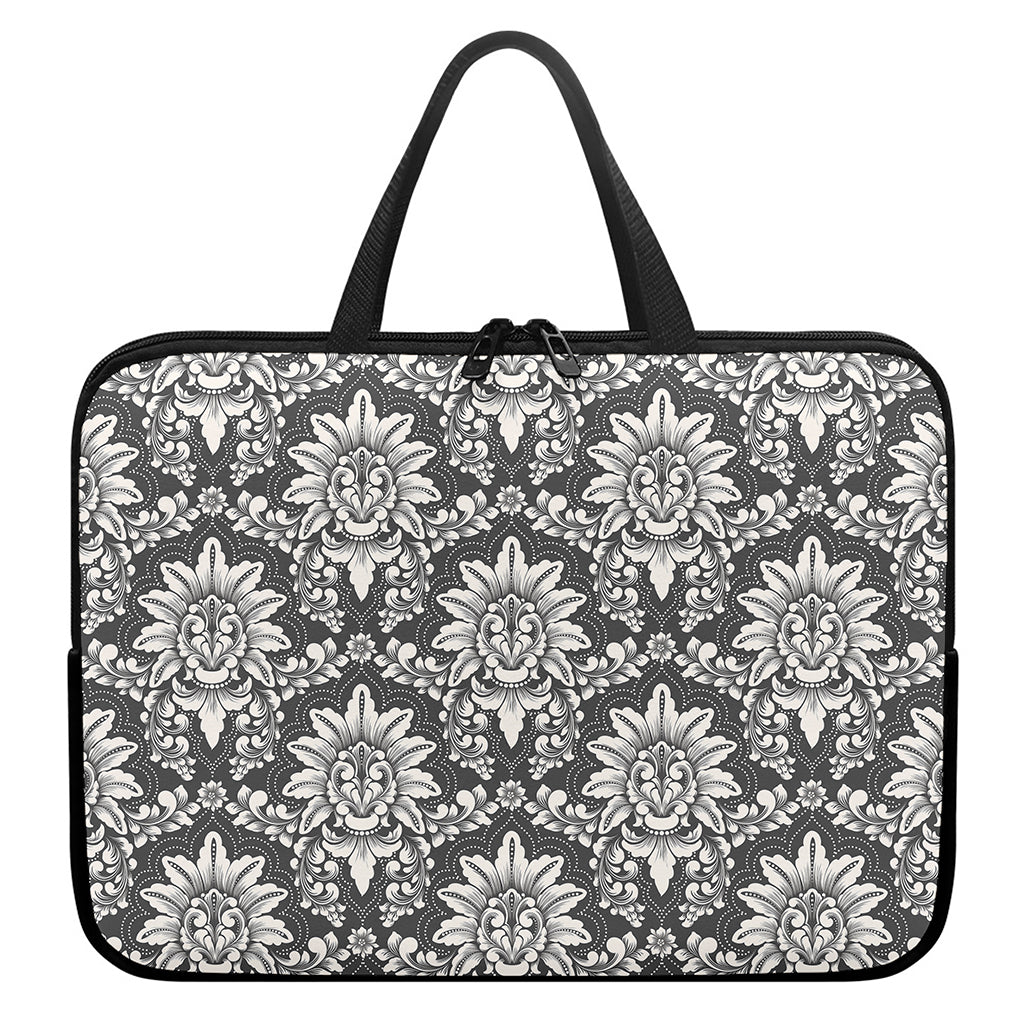 Grey Damask Pattern Print Laptop Sleeve With Handle