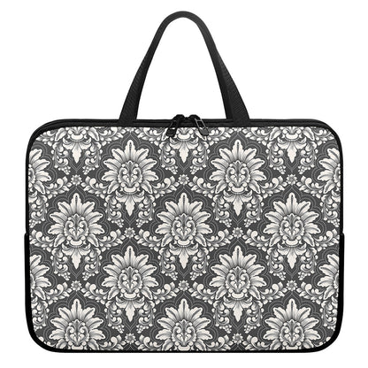 Grey Damask Pattern Print Laptop Sleeve With Handle