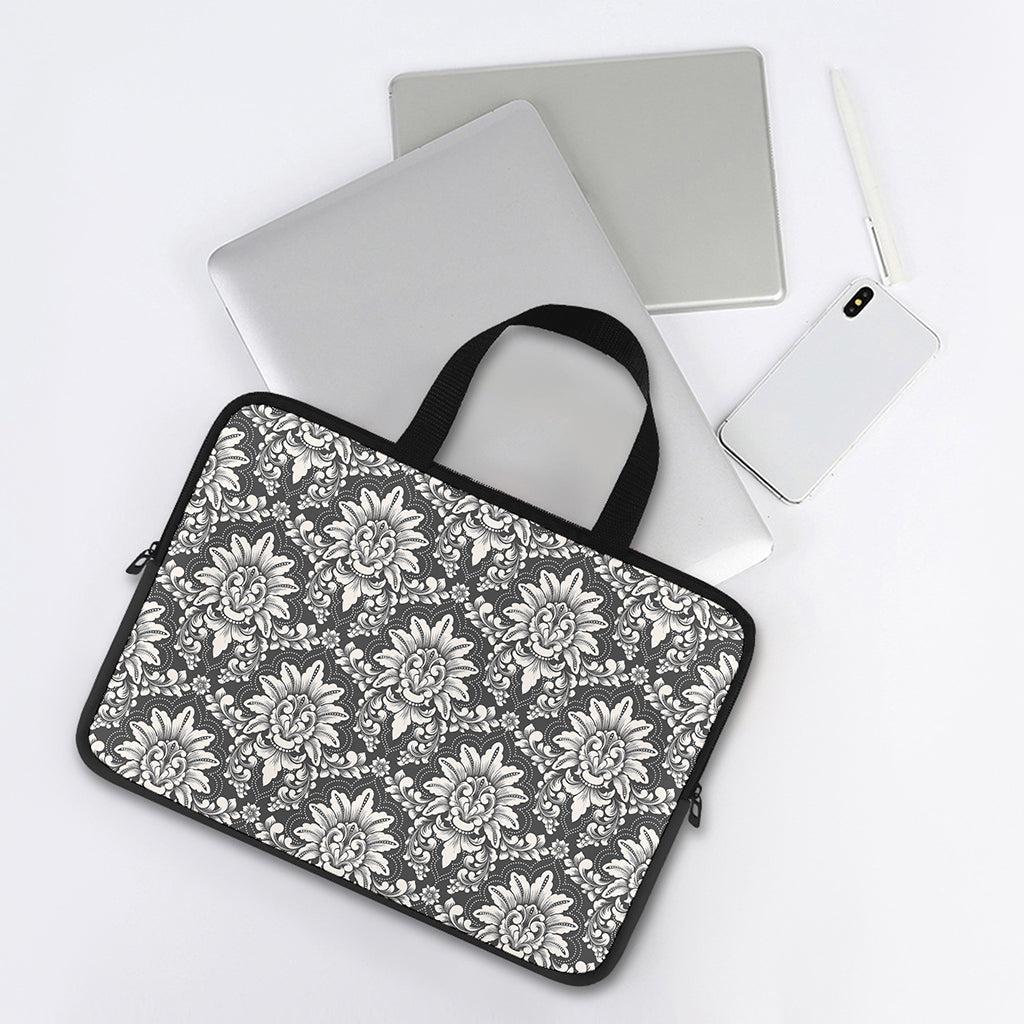 Grey Damask Pattern Print Laptop Sleeve With Handle