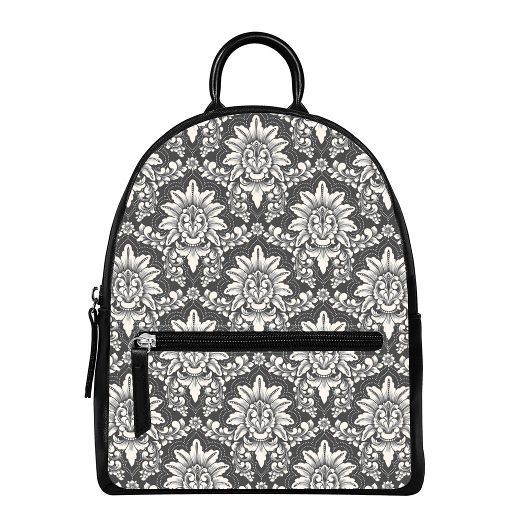 Grey Damask Pattern Print Leather Backpack