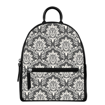 Grey Damask Pattern Print Leather Backpack