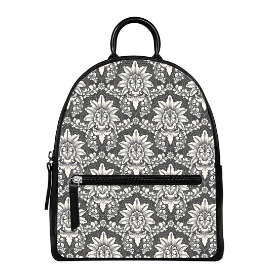 Grey Damask Pattern Print Leather Backpack