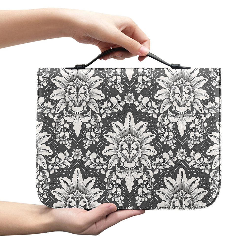 Grey Damask Pattern Print Leather Bible Cover
