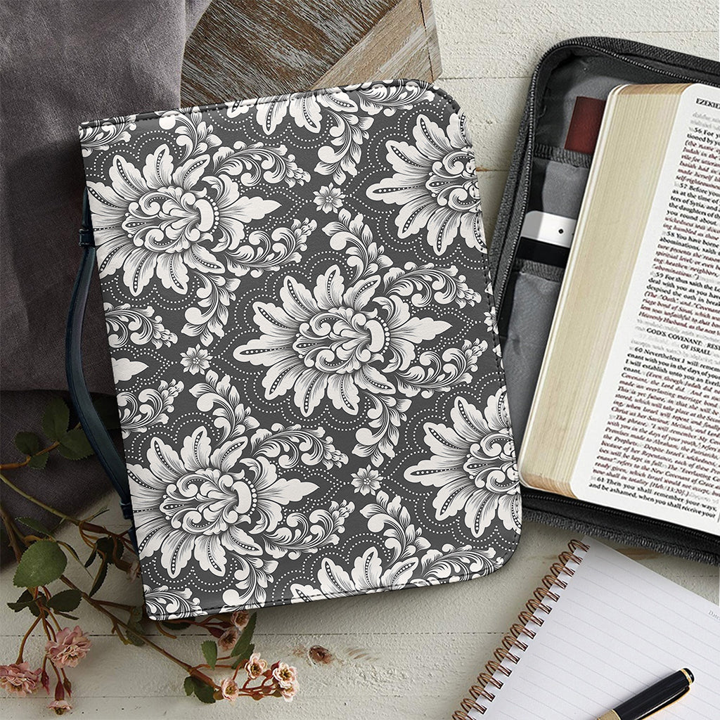 Grey Damask Pattern Print Leather Bible Cover