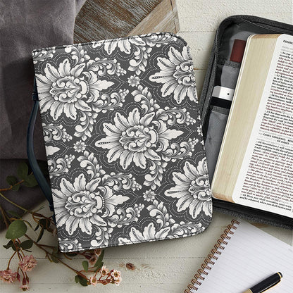 Grey Damask Pattern Print Leather Bible Cover