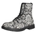 Grey Damask Pattern Print Lace-Up Boots