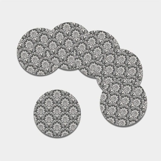 Grey Damask Pattern Print Leather Coaster Set